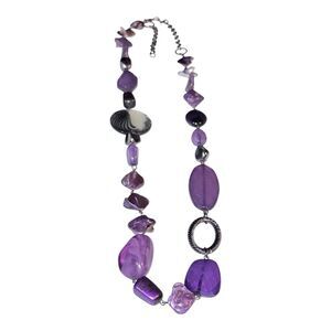 Bold Purple Chunky Statement Long Necklace Mixed Beads Artsy Boho Silver Tone